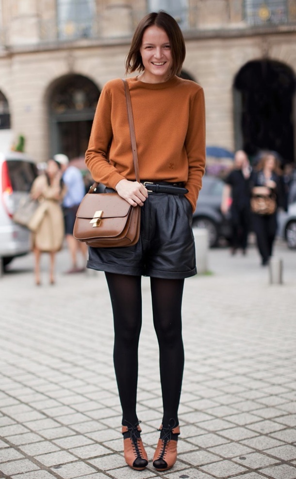 STOCKHOLM-STREETSTYLE-BLACK-LEATHER-SHORTS-BLACK-TIGHTS-CELINE-CLASSIC-BOX-BAG-CAMEL-SWEATER-LACE-UP-HEELS-SANDALS-STREET-STYLE-FASHION-WEEK